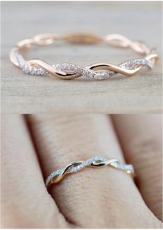 two different views of a wedding ring on someone's finger, one is gold and the other is white