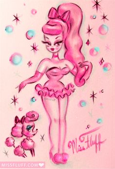 a drawing of a girl in pink with stars and bubbles on the wall behind her