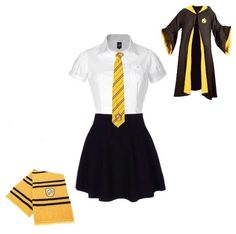 a school uniform with a yellow tie and black skirt