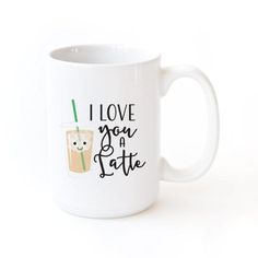 a white coffee mug with i love you a latte on it