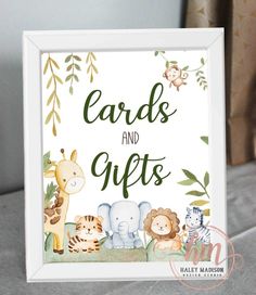 a card and gifts sign with animals on it