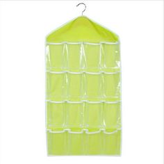 a yellow hanging organizer with clear plastic bags on the bottom and two white hangers attached to it