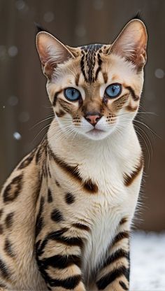 a cat with blue eyes sitting in the snow