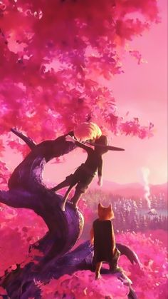 an animated image of two people standing in front of a tree with pink flowers on it