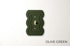 an olive green switch plate with the words olive green on it and two light switches