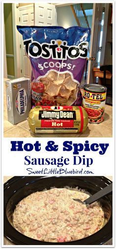 hot and spicy sausage dip recipe in the crock pot with ingredients to make it