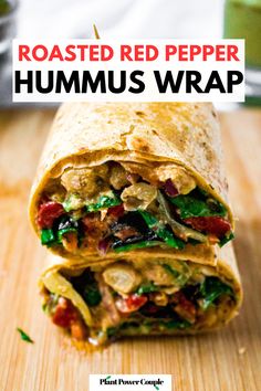 Head on view of a stack of veggie hummus wraps with text reading roasted red pepper hummus wrap Quick Vegan Lunch, Hummus Wrap Recipe, Mediterranean Hummus, Hummus Dressing, Creamy Hummus, Hummus Wrap, Pepper Hummus, Roasted Red Pepper Hummus