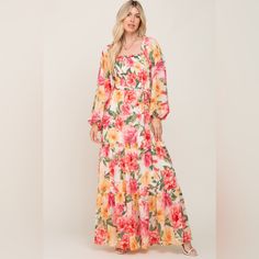 A Floral Print Chiffon Maxi Dress Featuring An Off-Shoulder Neckline, A Smocked Elastic Top, Long Puff Sleeves, An Adjustable Waist Tie, A Ruffle Tiered Skirt And Double Lined. Flying Tomato By Pinkblush New Without Tags Inventory #P6935 Off-shoulder Maxi Dress For Spring Brunch, Floral Print Chiffon Maxi Dress, Print Chiffon Maxi Dress, Elastic Top, Floral Print Chiffon, Flying Tomato, Chiffon Maxi, Chiffon Maxi Dress, Long Puff Sleeves