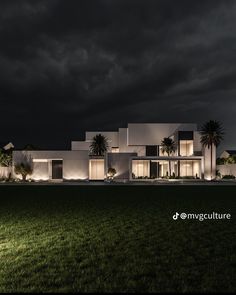 a large white building with palm trees in front of it at night, lit up by lights on the windows