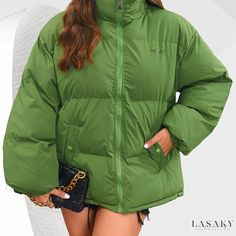 Lasaky - High Neck Zip-Up Coat: Chic and Cozy Winter Outerwear for Women Winter Outerwear, Warm Coat, Cozy Winter, Casual Coat, Padded Jacket, Sleeve Detail, Neck Warmer, Zip Up, Polyester Material