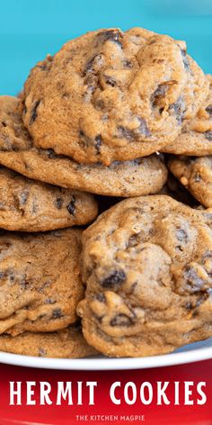 chocolate chip cookies stacked on top of each other in a white plate with the title overlay