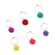 six different colored rose hoop earrings