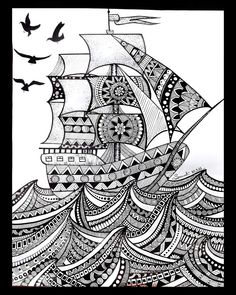 a black and white drawing of a ship in the ocean with birds flying around it