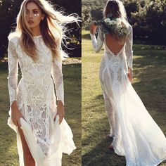 two photos of a woman wearing a white dress with long sleeves and high slits