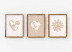 three framed flowers are hanging on the wall