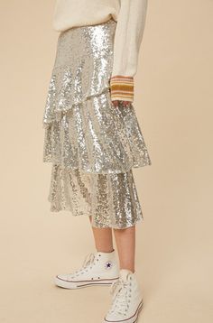 SEQUIN TIERED MIDI SKIRTS. LAYERED RUFFLE. ELASTIC WAIST. ZIPPER. 100%POLY Net Skirt, Glitters Skirt, Tiered Midi Skirt, Early Spring Outfits, Midi Skirts, Current Fashion Trends, Pretty Style, Layered Skirt, Tier Skirt