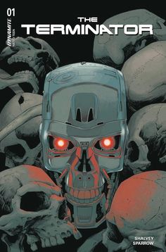 the terminator cover art for an upcoming comic book, with skulls in the background