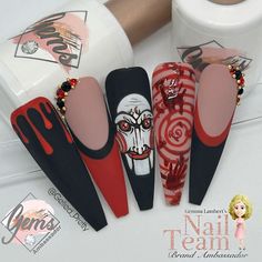 Jigsaw Halloween set created by @Gelled_Pretty using Decal/stickers from Nail Decal Queen Themed Nails, Manchester United Kingdom, Nail Art Decals, Halloween Nail Designs, Halloween Nail, Cute Nail Designs, Art Decals