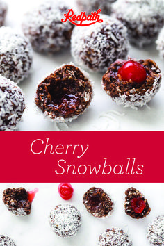 chocolate truffles with cherries and powdered sugar on top are shown