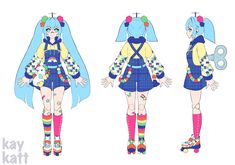 three different views of an anime character with long hair and colorful clothes, one is holding a skateboard