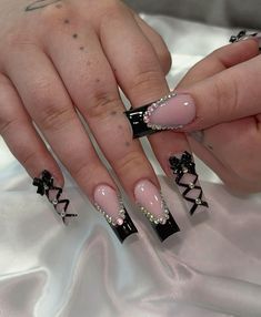 Nails For 16 Birthday, 22nd Birthday Nail Ideas, Black Blinged Out Nails, Black Nails With Gems Rhinestones, Frenchies With Rhinestones, Black Quince Nails, 19th Birthday Nails Ideas, Black Nails Bling, 16th Birthday Nails