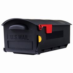 a black mailbox with red and yellow letters