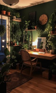 a room with plants and a desk in it