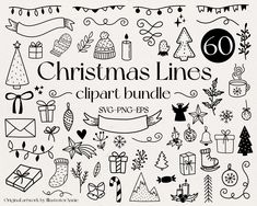 the christmas line clipart bundle is shown in black and white, with lots of presents