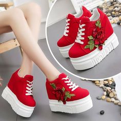 Item Description Women's Shoes Size Chart US AU UK EUR SIZE Length 4.5 3 2.5 35 35 22.1-22.5CM 5 4 3 36 36 22.6-23CM 6 5 4 37 37 23.1-23.5CM 7 6 5 38 38 23.6-24CM 8 7 6 39 39 24.1-24.5CM 9 8 7 40 40 24.6-25CM 9.5 8.5 7.5 41 41 25.1-25.5CM 10 9 8 42 42 25.6-26CM 10.5 9.5 8.5 43 43 26.1-26.5CM     Notice: It may have little color difference according to different screen. Hope you can understand! Any problem, contact me for satisfying solution. Reply in 24 hours as time difference. Wedge Sneakers Style, High Heel Wedges Platform, Canvas Sneakers Womens, Red Platform, Popular Boots, Rose Shoes, Lace Up High Heels, Flowers Canvas, Women Platform Shoes