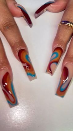 Brown And Teal Nails, Teal And Brown Nails, Blue Fall Nails Designs, Blue And Brown Nails, Brown And Blue Nails, Pumpkin Spice Nails, Retro Nails