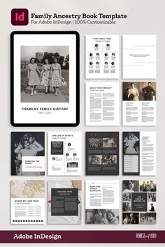 the family book template for adobe and wordpress is displayed on a white background with black and