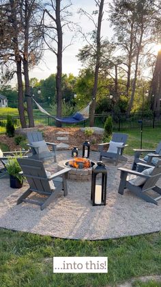 an outdoor fire pit surrounded by lawn chairs and hammocks with the words into this above it