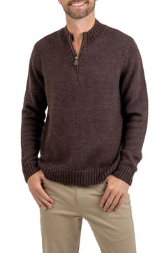 A zipper fastens the mock neck of this sweater knit from a hearty, merino-enriched blend in a style you'll appreciate indoors or out. Mock neck Long sleeves with ribbed cuffs 45% polyester, 30% nylon, 25% merino wool Machine wash, tumble dry Imported Merino Wool Funnel Neck Polo Sweater, Cashmere Half-zip Sweater, Cozy Merino Wool Polo Sweater, Wool Half-zip Polo Sweater, Wool Half-zip Sweater For Fall, Fall Wool Half-zip Sweater, Wool Half-zip Sweater With Ribbed Collar, Fall Cashmere Half-zip Sweater, Casual Cashmere Half-zip Sweater