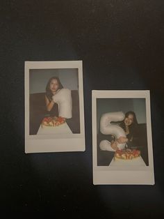 two polaroid photos of people sitting at a table with a cake in front of them