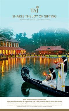 two people on a boat in the water with lights shining from their hands, and an advertisement for taj shares the joy of gifting