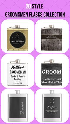 the groomsmen flasks collection is shown in four different styles and colors