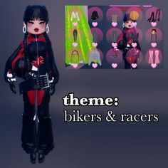 an animated image of a woman in black and red outfit with text that reads theme bikers & racers