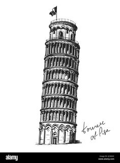 an ink drawing of the leaning tower of pisa, italy - stock image / alamy