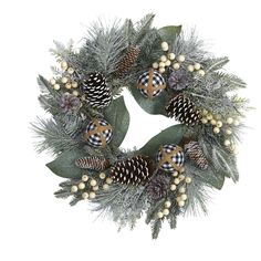 a christmas wreath with pine cones and berries