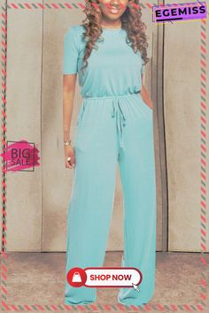 Sky Blue Casual Round Neck Short Sleeve Jumpsuit Light Blue Fitted Jumpsuit With Short Sleeves, Casual Light Blue Short Sleeve Jumpsuits And Rompers, Light Blue Short Sleeve Jumpsuits For Spring, Blue Short Sleeve Jumpsuits And Rompers With Pockets, Light Blue Short Sleeve Jumpsuits And Rompers For Spring, Chic Blue Jumpsuits And Rompers With Pockets, Chic Blue Short Sleeve Jumpsuits And Rompers, Blue Jumpsuits And Rompers For Spring Loungewear, Chic Blue Jumpsuits And Rompers For Loungewear