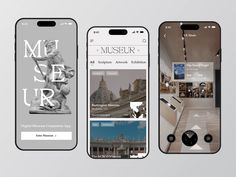 three iphones displaying the museum's new app, including one with images on them