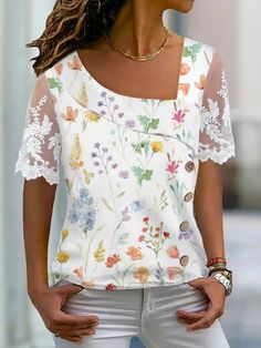 Product Title :Lace Sleeve Casual Asymmetrical Floral Shirt Product Measurements cm Size US Waist Bust Hip S 6-8 70-74 88-92 96-100 M 10 75-78 93-96 101-104 L 12 79-84 97-102 105-110 XL 14 85-90 103-108 111-116 XXL 16 91-96 109-114 117-122 Product Details Clothes Length:Regular Sleeve Length:Short sleeve Edition type:Loose Elasticity:No Elasticity Silhouette:H-Line Thickness:Regular Size Type:Regular Size Activity:Daily Material:Jersey Neckline:Asymmetrical Pattern:Floral Style:... Shabby Chic Outfits, Shabby Chic Clothes, Asymmetrical Shirt, Linen Fashion, Summer Lace, Summer Dress Outfits, Winter Outfits Women, Floral Shirt, Lace Sleeves