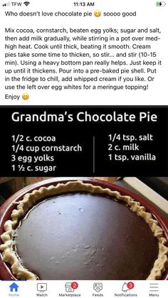 the ingredients for a chocolate pie are shown in this recipe card, which includes information about how to make it