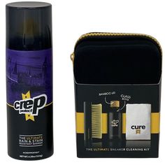 Keep your sneakers squeaky clean with the Crep Protect Sneaker Bundle - Cure Cleaning Kit. Designed to remove and protect against stains, this cleaning kit comes with a 100 ml solution that cleans up to 50 pairs of shoes. The premium brush and microfiber cloth work on all materials, including leather and suede. The ultimate Crep Protect spray uses best-in-class water-proofing technology to repel liquids and protect your sneakers against stains. You can easily use a can of spray to protect up to Water Proofing, Yellow Pages, Cleaning Kit, Microfiber Cloth, Go Shopping, Shoe Collection, Glass Bottles, Shoe Accessories, Spray