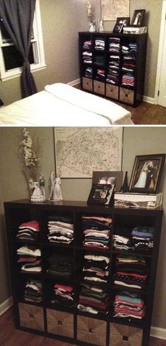 two pictures side by side one shows a bed and the other shows a dresser with clothes on it