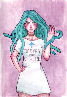 a drawing of a girl with blue hair and an eye patch on her shirt that says my eyes are up here