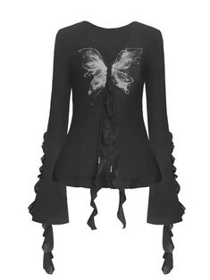 Butterfly Printed Lace-Up Ruffled Knitted Cardigan Butterfly Print, Lace Up, Lace, Black