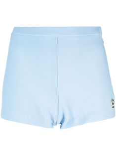 light blue stretch-jersey logo patch to the side elasticated waistband thigh-length straight hem Fitted Bottoms With Logo Waistband In Short Length, Blue Elastane Shorts, Logo Waistband Summer Shorts, Solid Sports Bottoms With Logo Waistband, Sporty Solid Bottoms With Logo Waistband, Casual Blue Bottoms With Logo Waistband, Casual Blue Elastane Shorts, Fitted Summer Bottoms With Logo Waistband, Fitted Bottoms With Logo Waistband For Summer