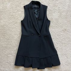 Nwot Zara Black Vest Dress Never Worn, Purchased Without A Tag Good Condition Size Xs Black Pleated Mini Dress For Work, Pleated Black Mini Dress For Fall, Zara Sleeveless Mini Dress For Fall, Black Vest Dress, Zara Vest, Black Vest, Zara Black, Zara Dresses, Vest Dress