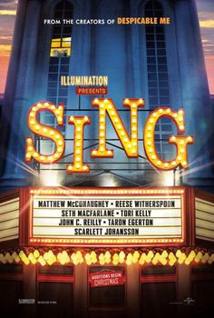 a movie poster for the musical's production of sing, featuring an old theater marquee